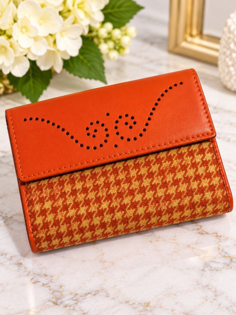 RU Orange Houndstooth Tri-Fold Snap Wallet Faux Leather Checkered Women’s Wallet